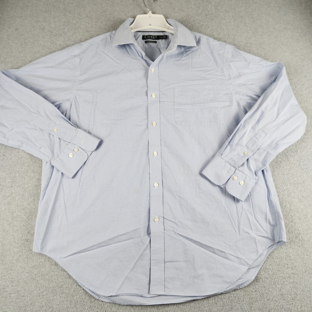 Lauren Ralph Lauren Dress Shirt Mens 17.5 34/35 Blue Gingham Classic Fit Stretch